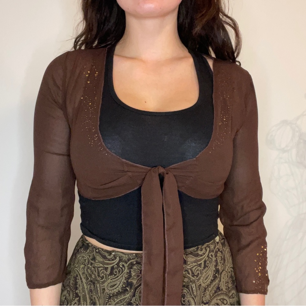 Y2K very Bratz brown tie cardigan with glitter accents